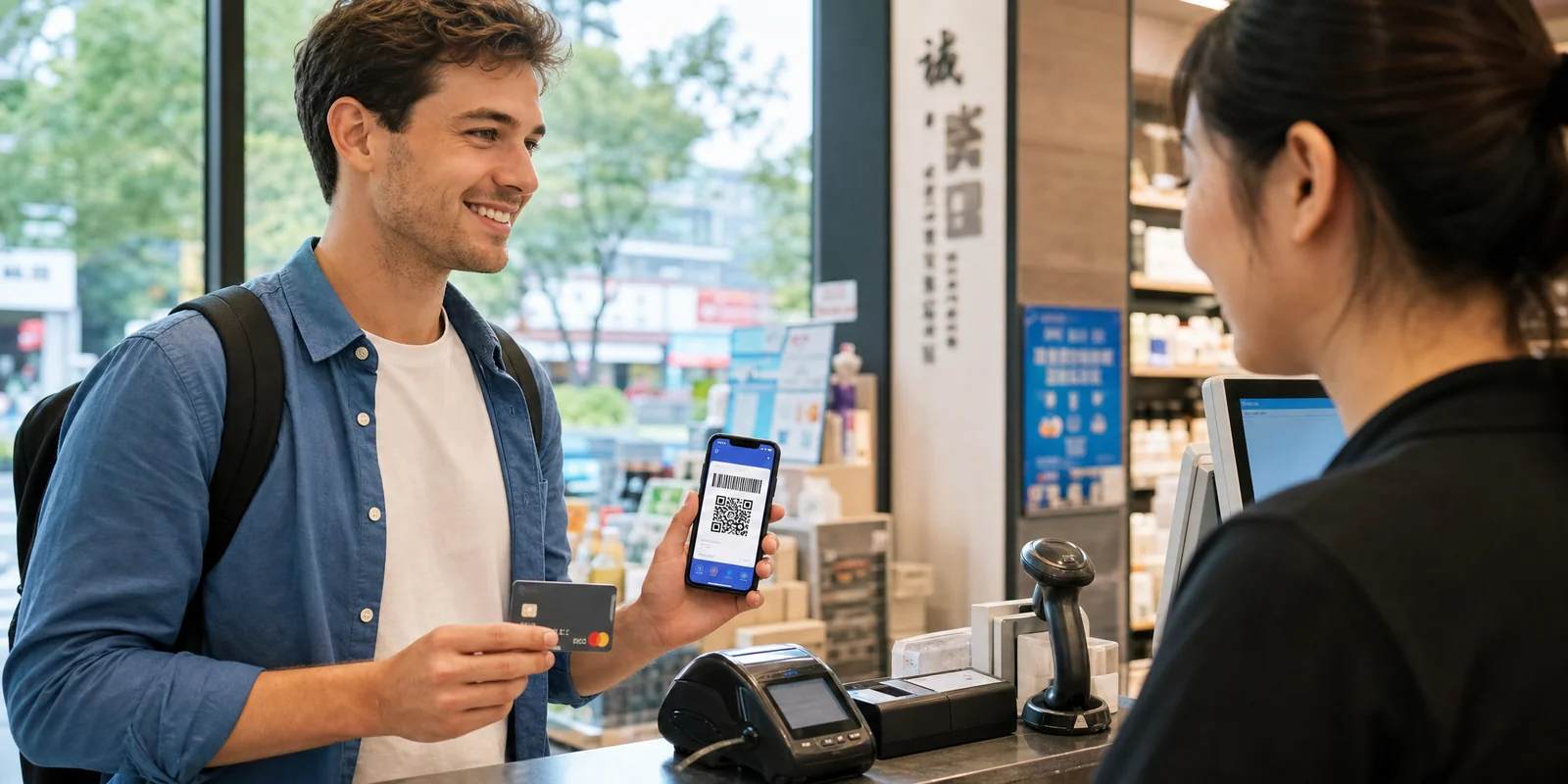 Traveler holding an international credit card and a phone with a QR payment app at a checkout counter in China