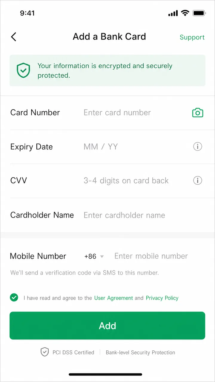 Phone screen showing the add-a-bank-card screen for a Chinese payment app with fields for card number, expiry and CVV