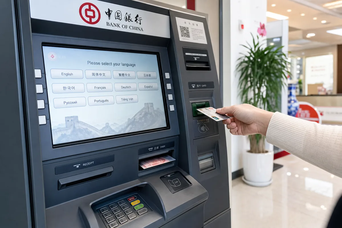 Foreign traveler withdrawing RMB cash from a Bank of China ATM using an international card