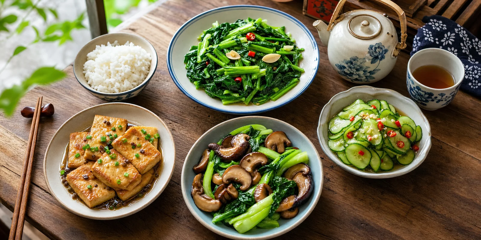 A spread of Chinese vegetarian dishes with tofu, stir-fried greens, mushrooms and rice on a wooden table