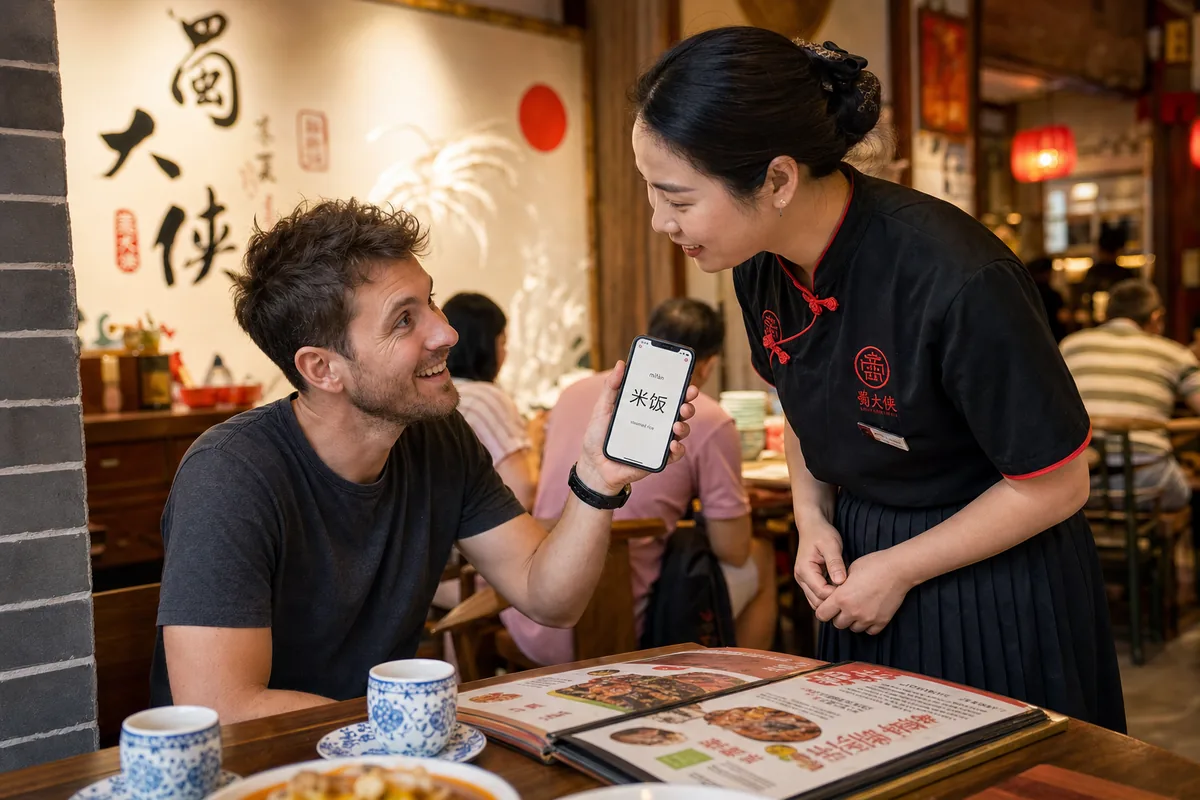 Traveler showing a Chinese vegetarian phrase on a phone screen to a restaurant server