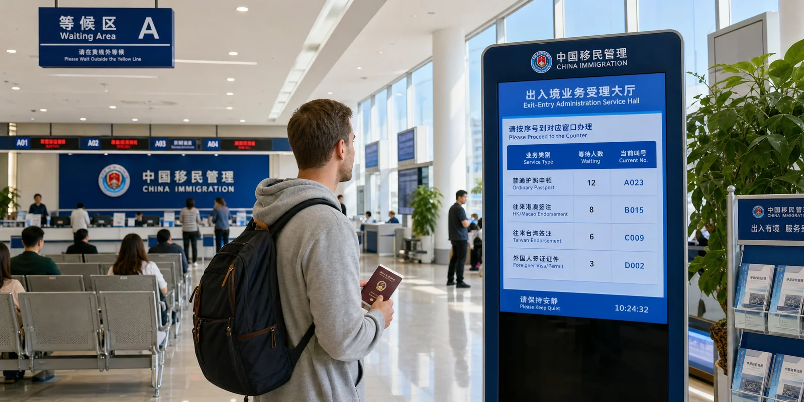 Foreign traveler holding a passport at a China PSB exit-entry administration office service hall to extend a visa