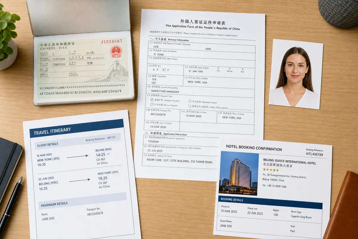China visa extension documents laid out: passport open to visa page, application form, passport photo and printed itinerary