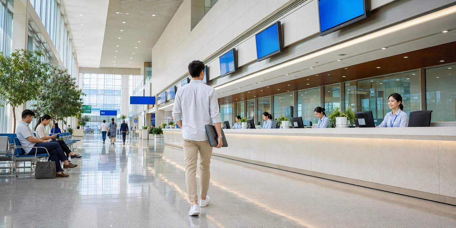 Traveler with documents walking toward a service counter in a bright administrative hall