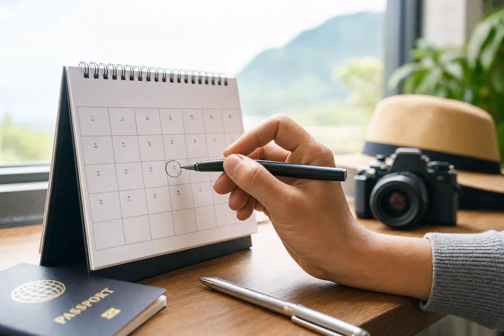 Finger marking a date on a desk calendar next to a passport