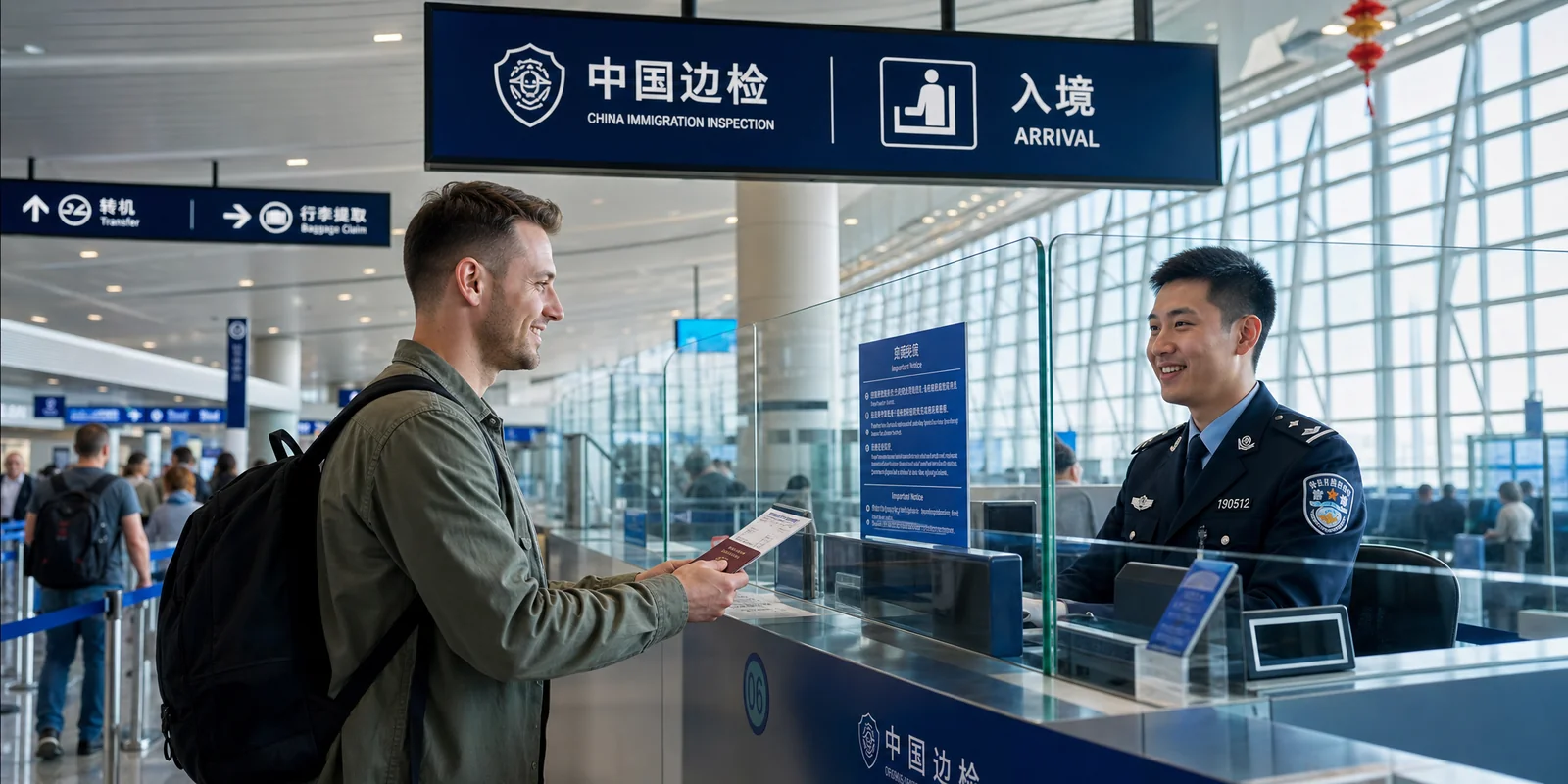 Foreign travelers at a China international airport immigration counter processing visa-free transit entry