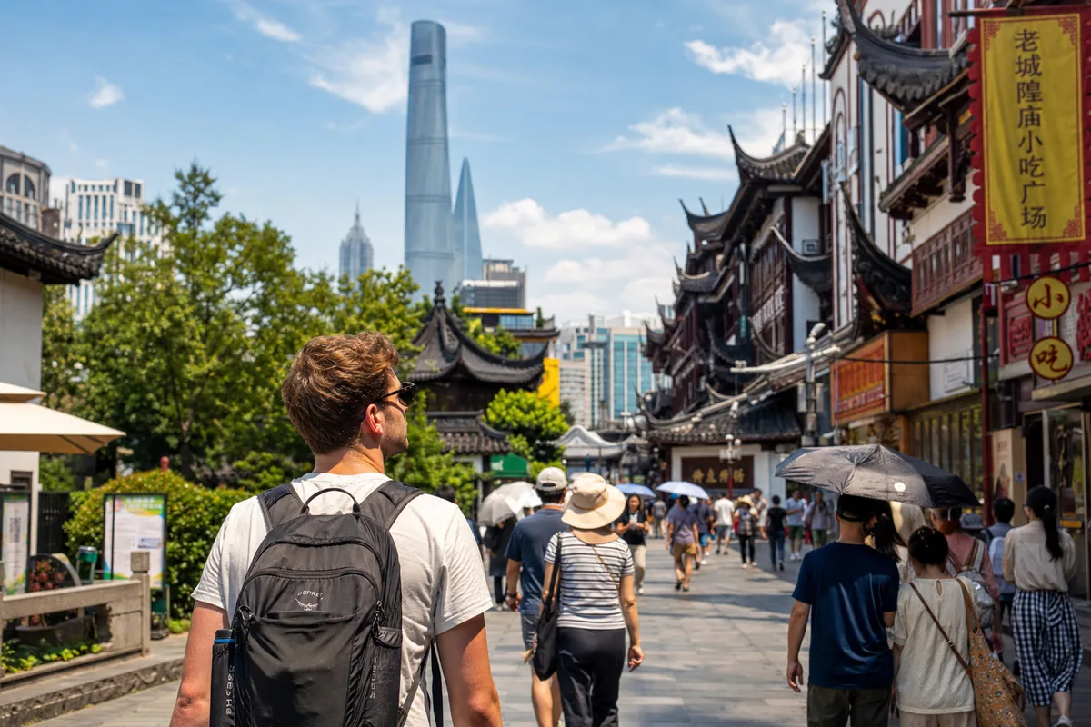 Foreign tourist exploring a Chinese city street during a visa-free transit stay