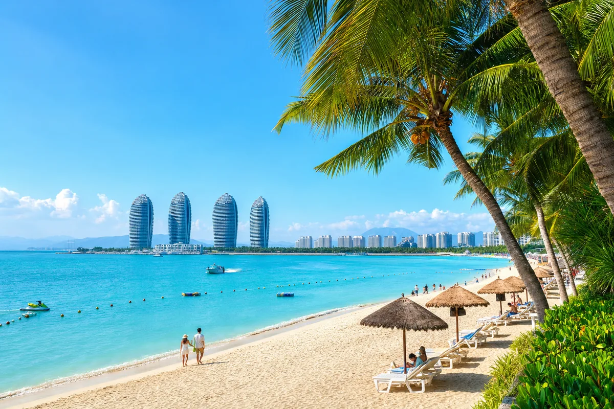 Tropical beach and palm trees in Sanya, Hainan, where 30-day visa-free entry applies