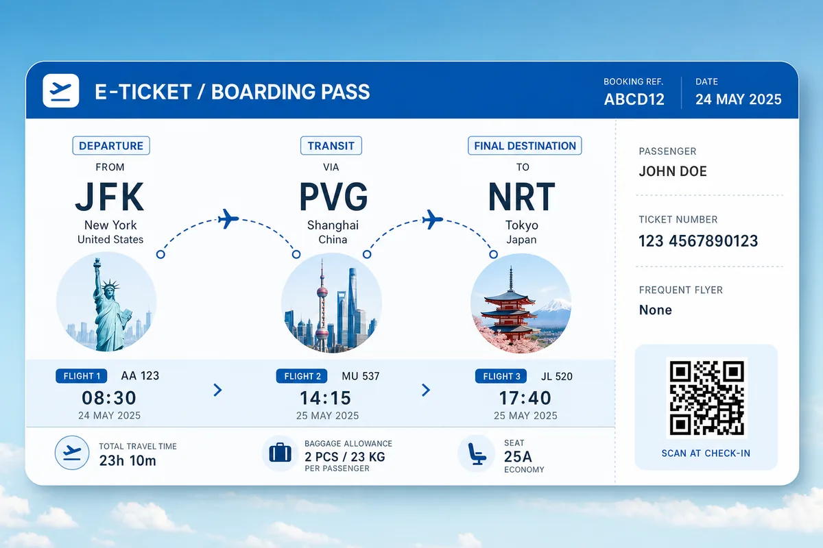 Onward flight ticket showing a connecting route through China to a third country, required for visa-free transit