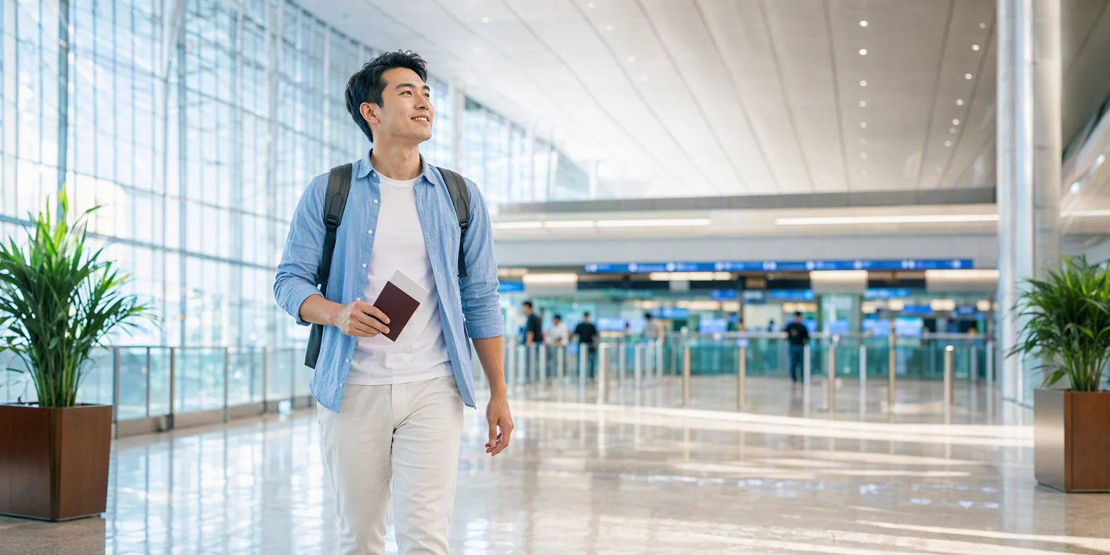 Traveler walking through a bright airport arrival hall holding only a passport