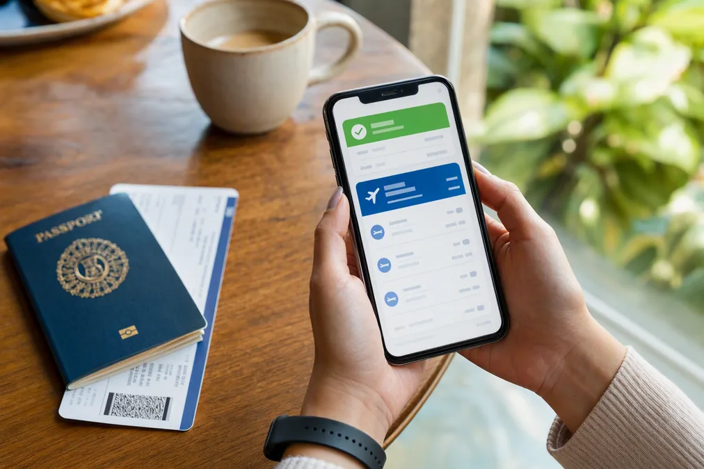 Hands holding a phone showing travel bookings next to a passport on a table