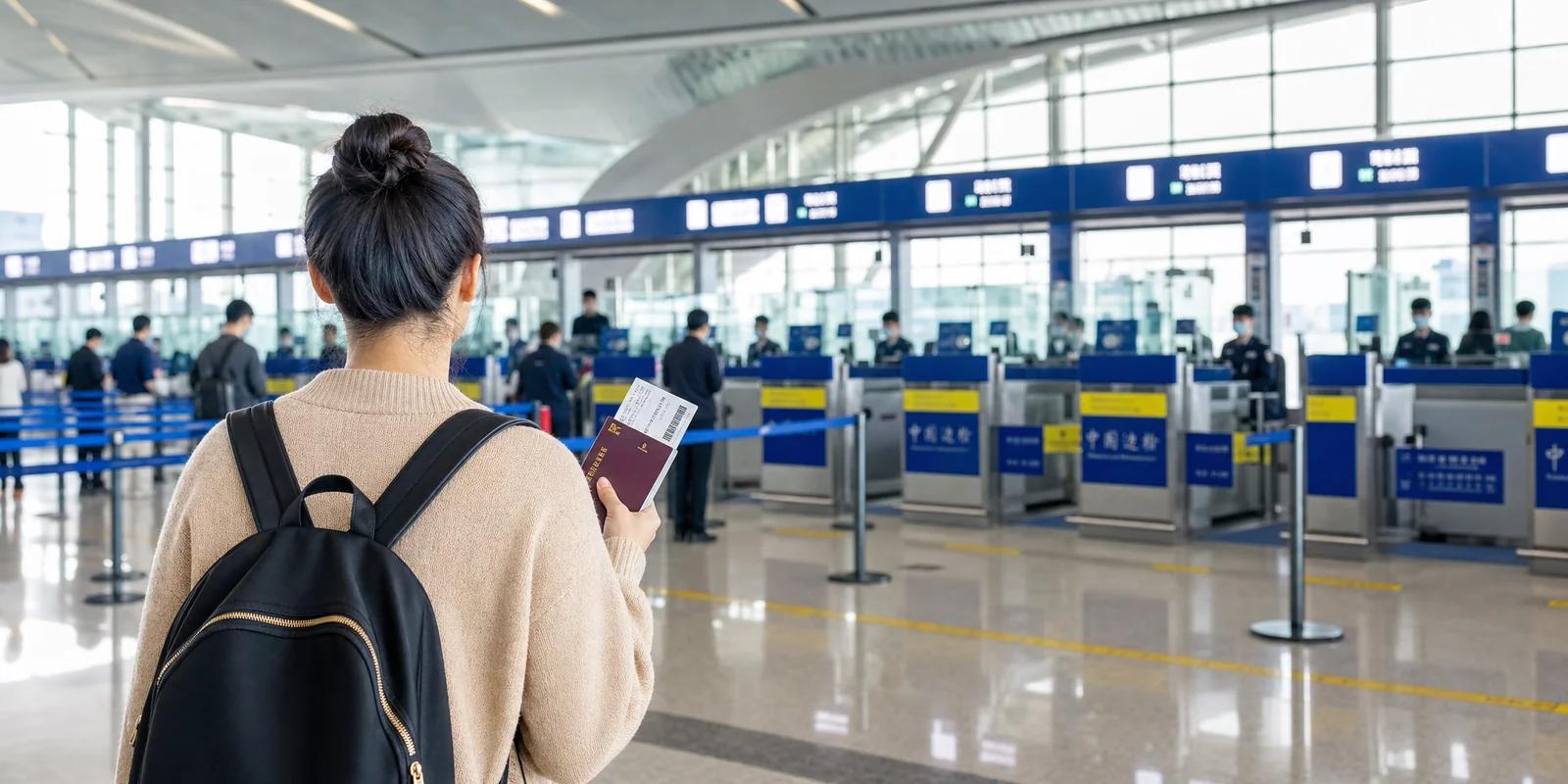 Traveler holding a passport and boarding pass walking toward a border inspection lane at a Chinese airport