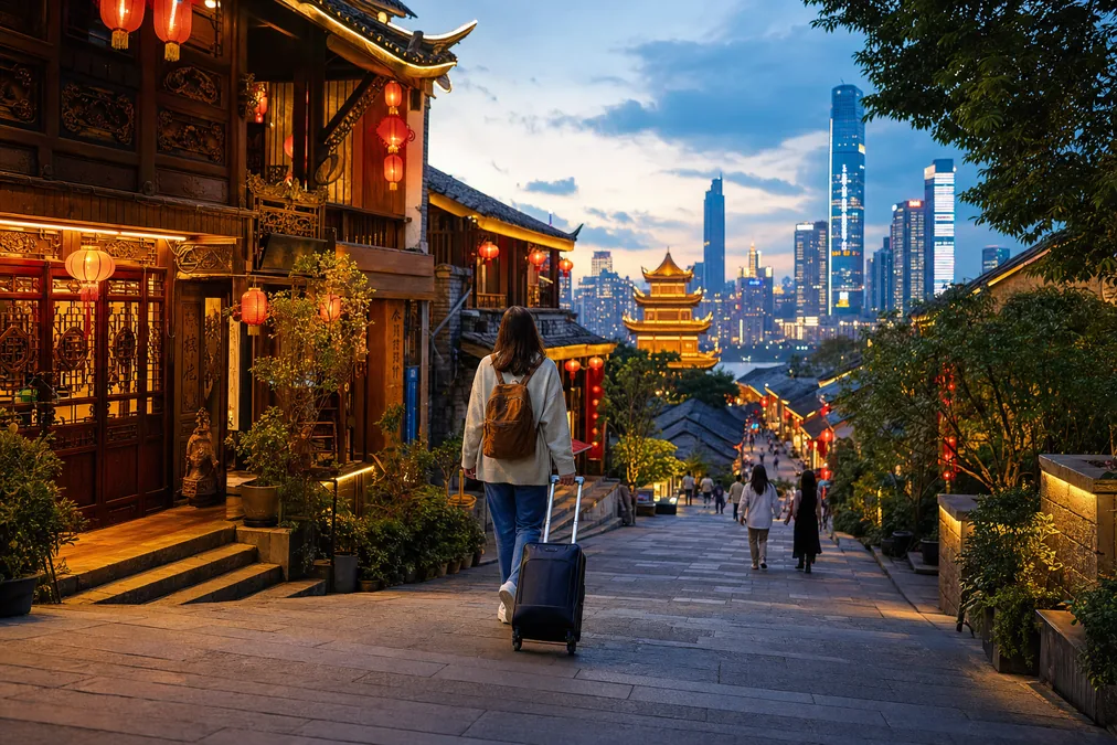 Traveler with a small suitcase exploring a Chinese city street at dusk during a transit stopover