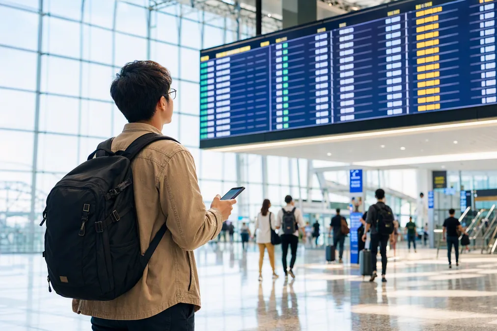 Traveler with a backpack checking a phone in front of an airport departures board