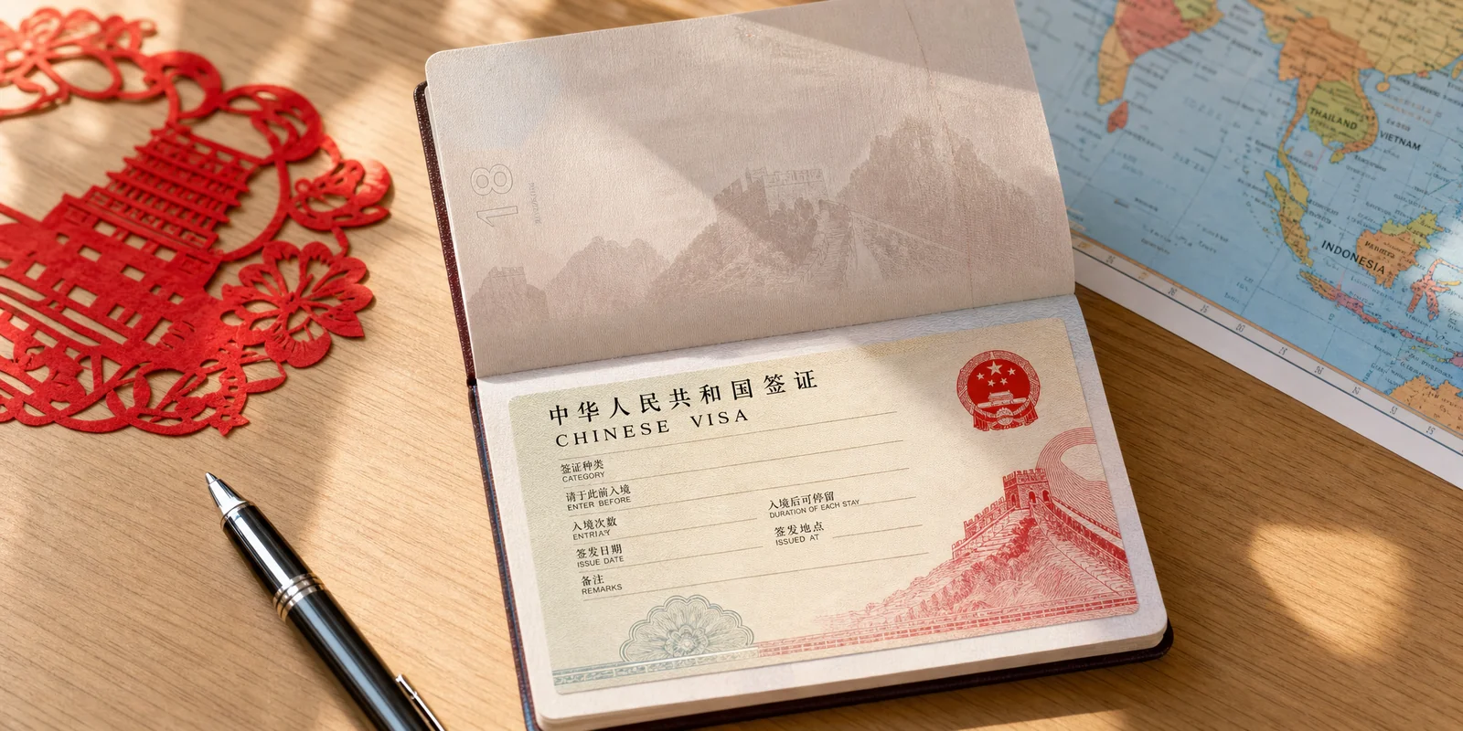 A Chinese visa page inside an open passport on a desk, representing China visa types