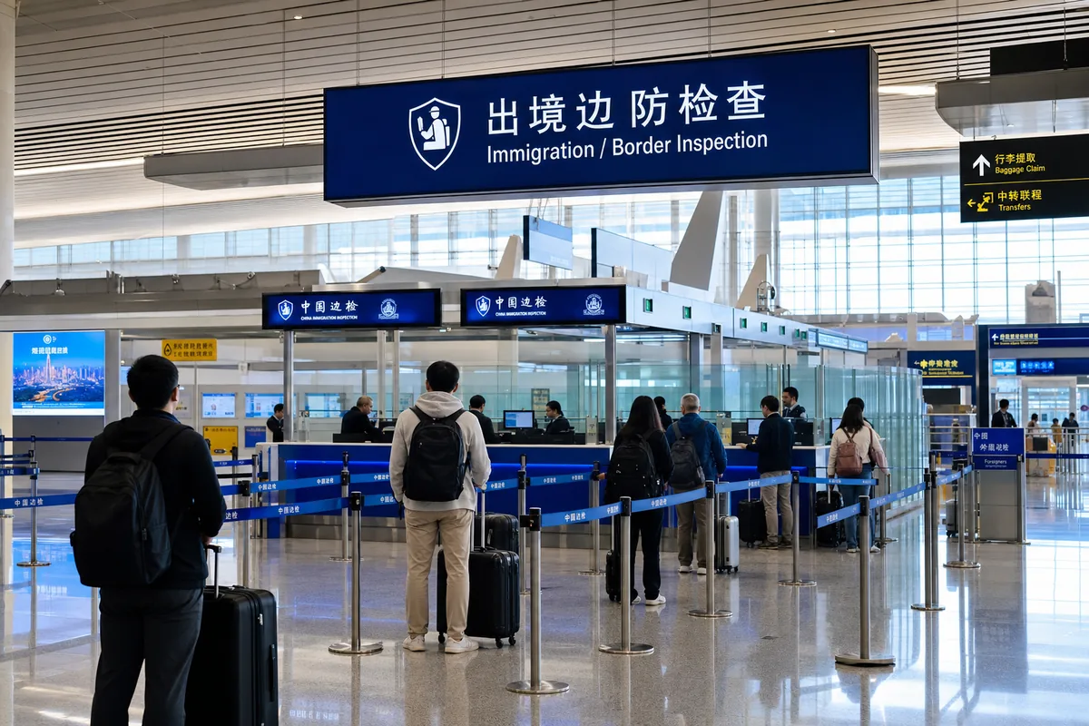 International travelers passing through immigration at a Chinese airport border control