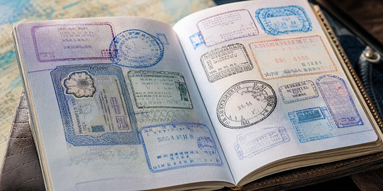 Open passport pages with several stylized visa stickers and stamps