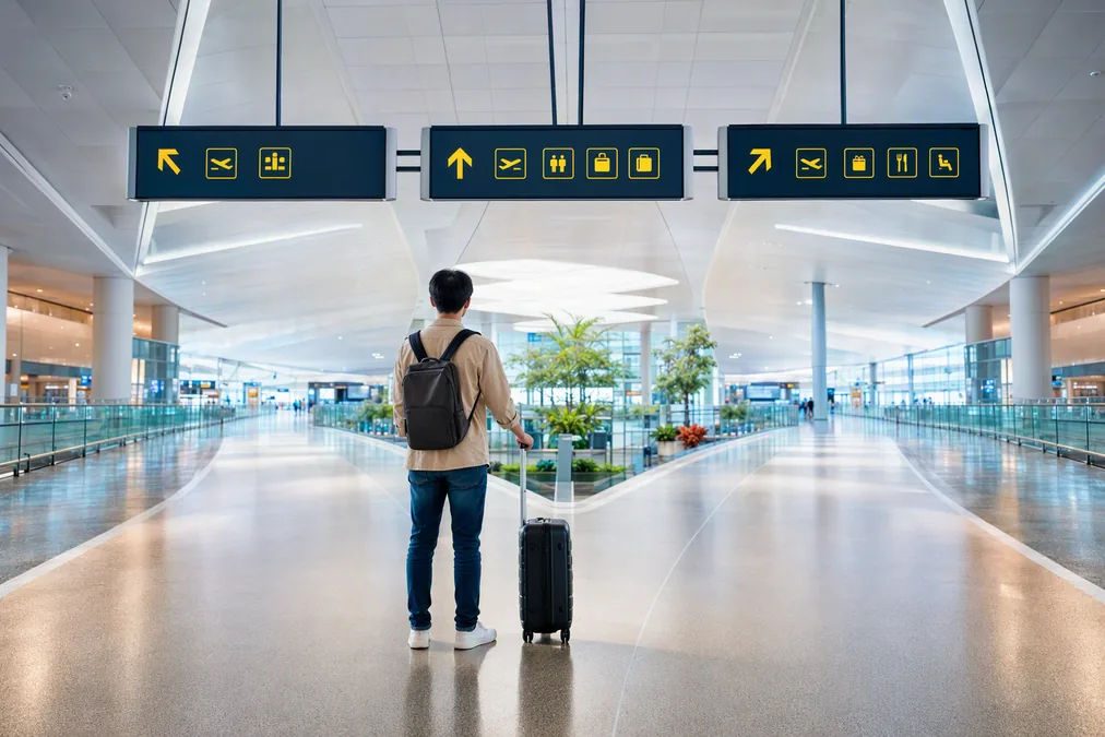 Airport corridor with three abstract directional signs pointing different ways