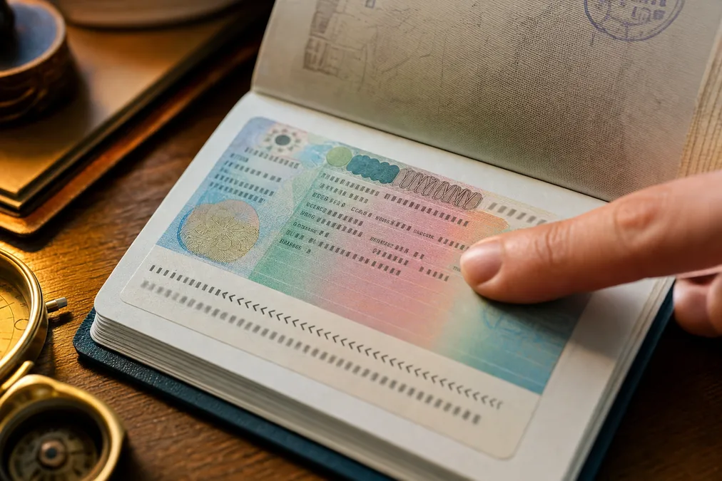 Finger pointing at date fields on a stylized visa sticker in a passport