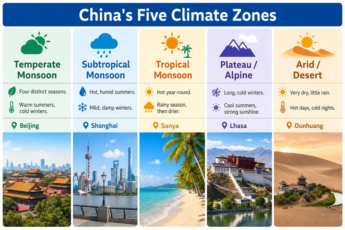 Comparison chart of China's five major climate zones with example cities