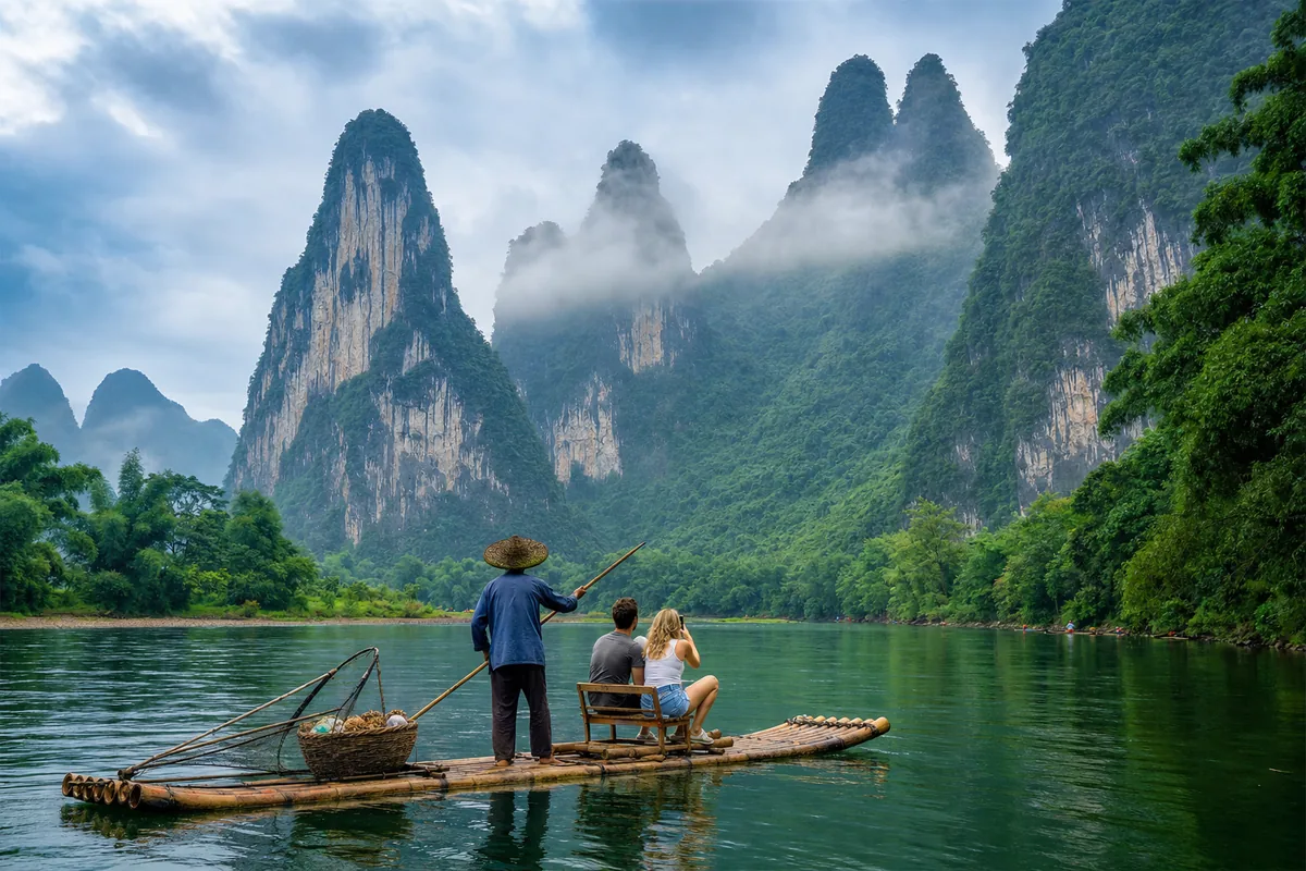 Misty karst mountains along the Li River near Guilin during the rainy season
