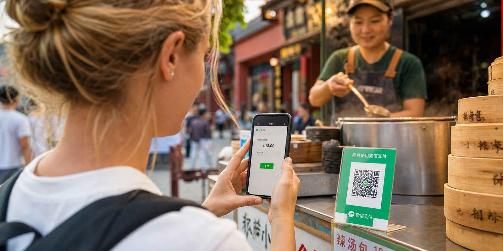Foreign traveler using WeChat to scan a QR code and pay at a street stall in China