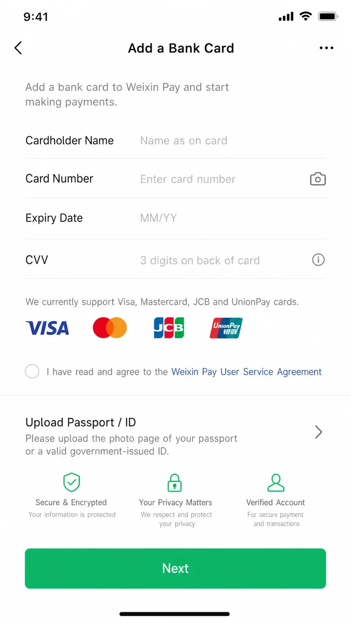WeChat Pay Add a Bank Card screen with fields for card number, expiry and identity details