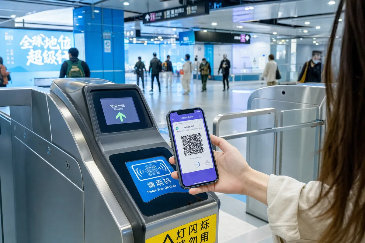 Traveler scanning a WeChat Transit QR code at a metro turnstile in China