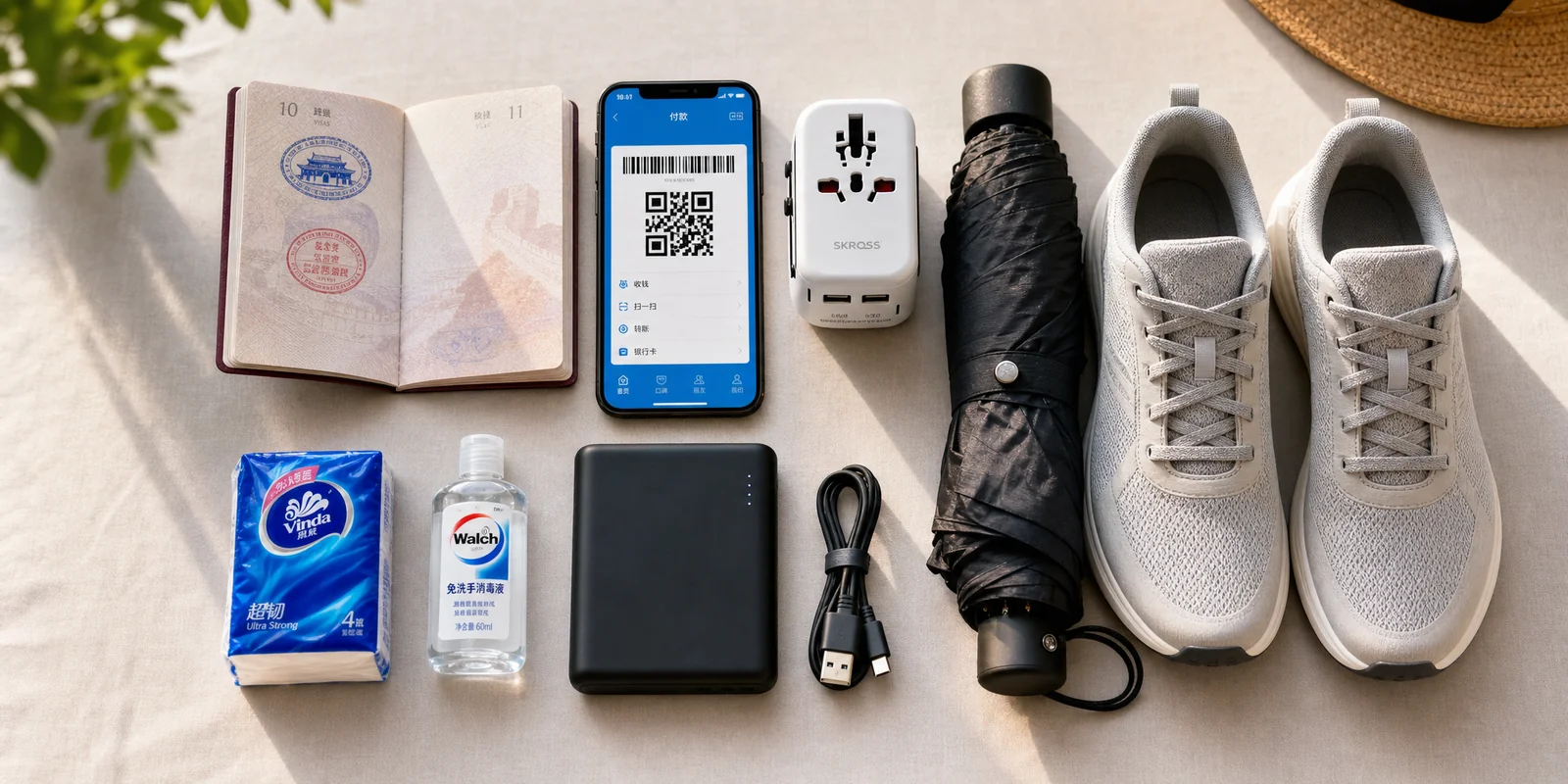 Flat lay of what to pack for China: passport, phone with payment QR, power adapter, power bank, umbrella and walking shoes
