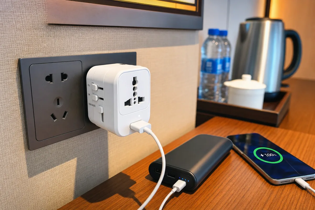 Universal travel adapter plugged into a Chinese wall socket beside a power bank, charging cables and a smartphone