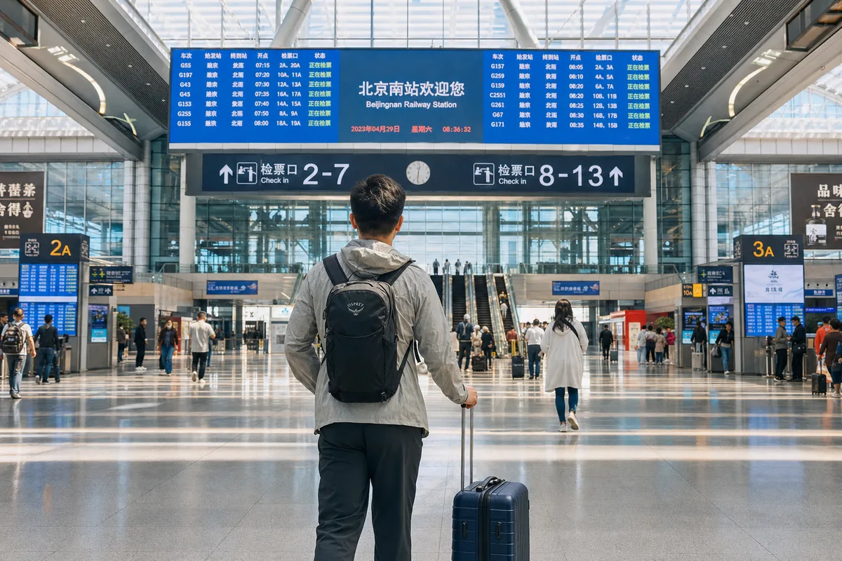 Traveler with a carry-on suitcase and daypack ready to start a trip in a modern Chinese transport hub
