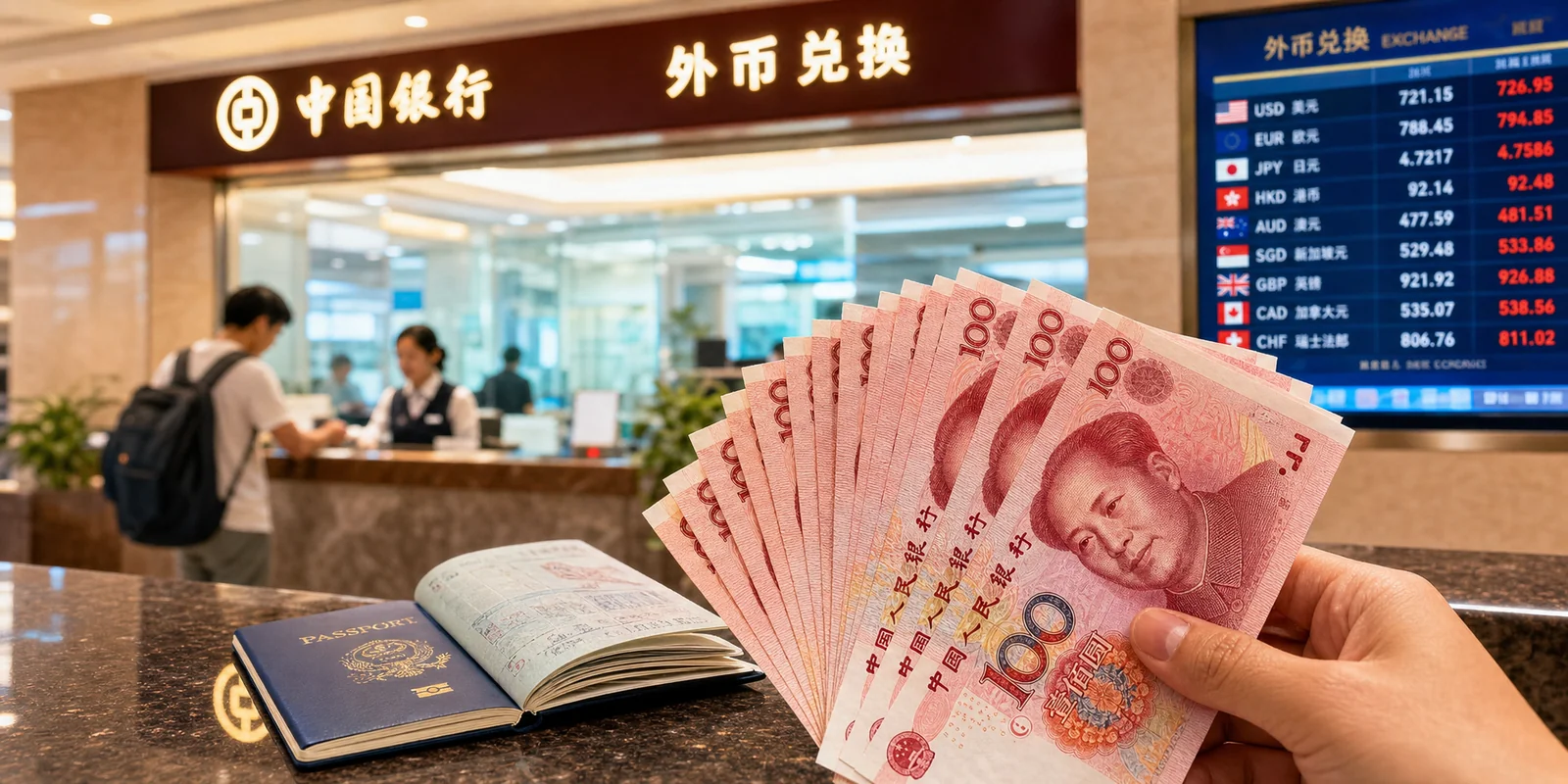 Where to exchange money in China: RMB banknotes, passport and a bank currency exchange counter