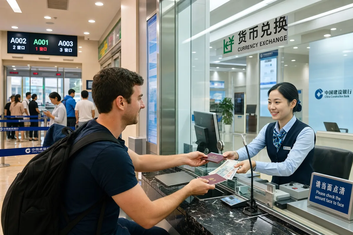 Bank of China currency exchange counter where a foreign traveler hands over a passport