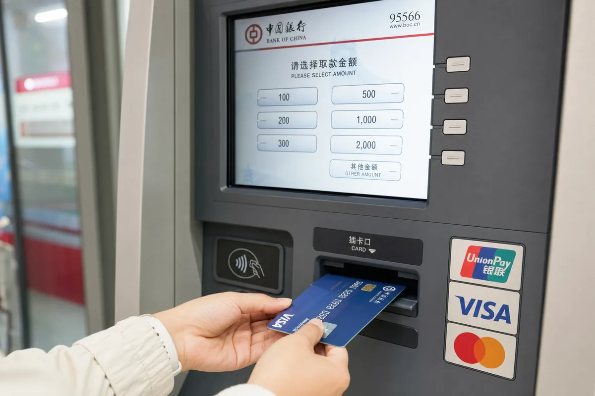 Traveler using a foreign card to withdraw RMB cash from a Bank of China ATM