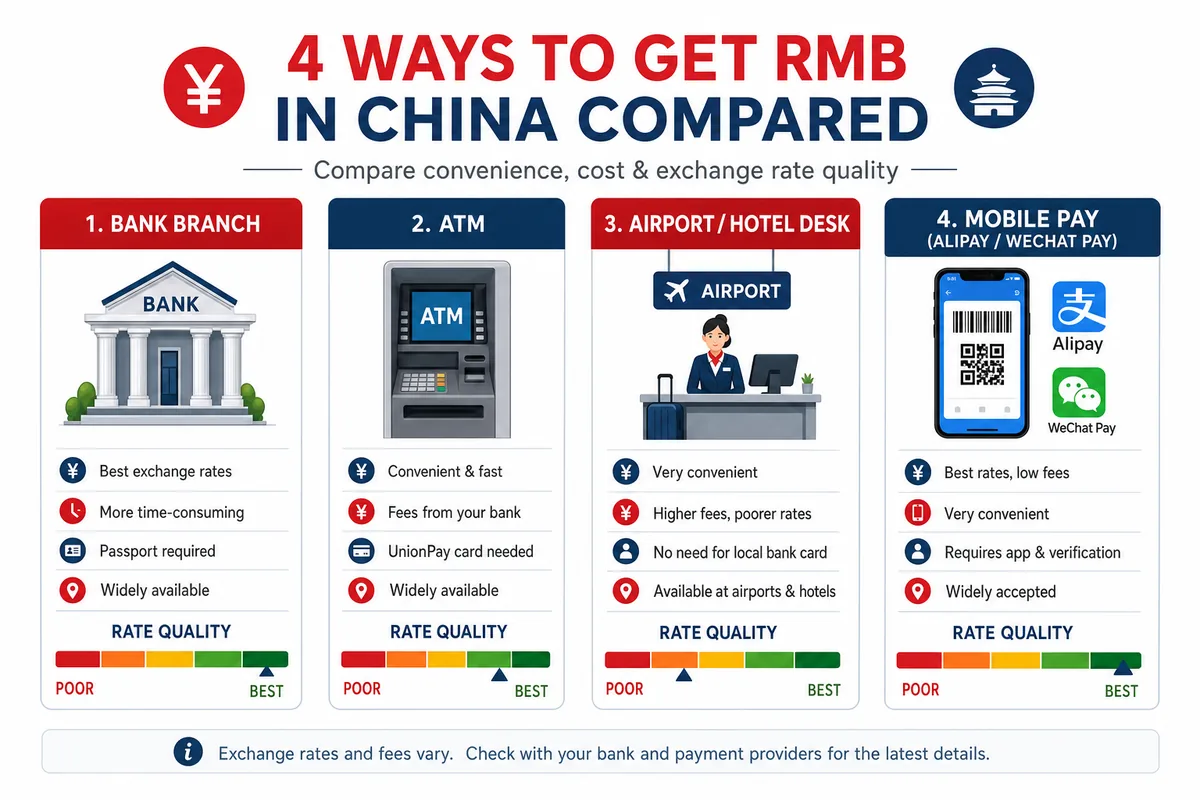 Infographic comparing China currency exchange options by rate and fees