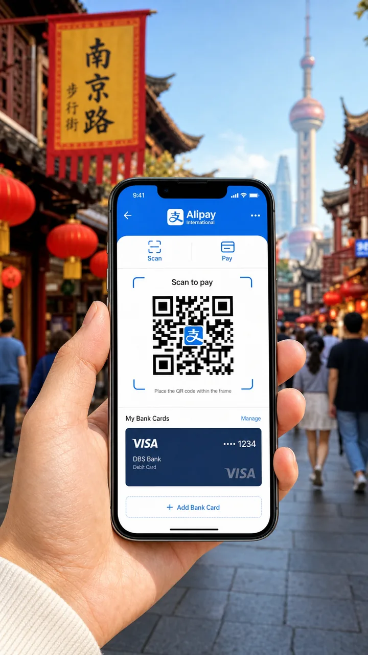 Smartphone showing Alipay payment screen with a linked foreign card in China