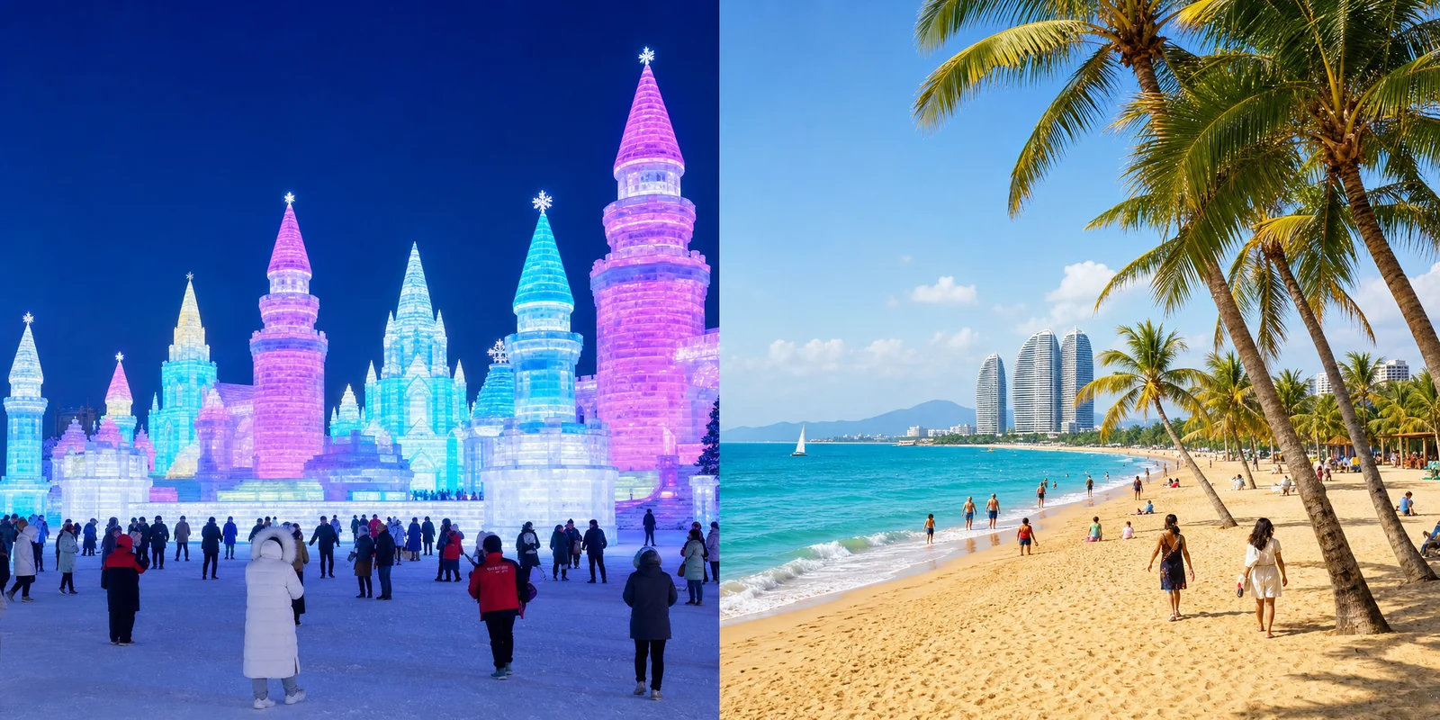 Split winter scene in China: glowing ice castles at Harbin Ice Festival on the left, sunny palm-lined Sanya beach on the right