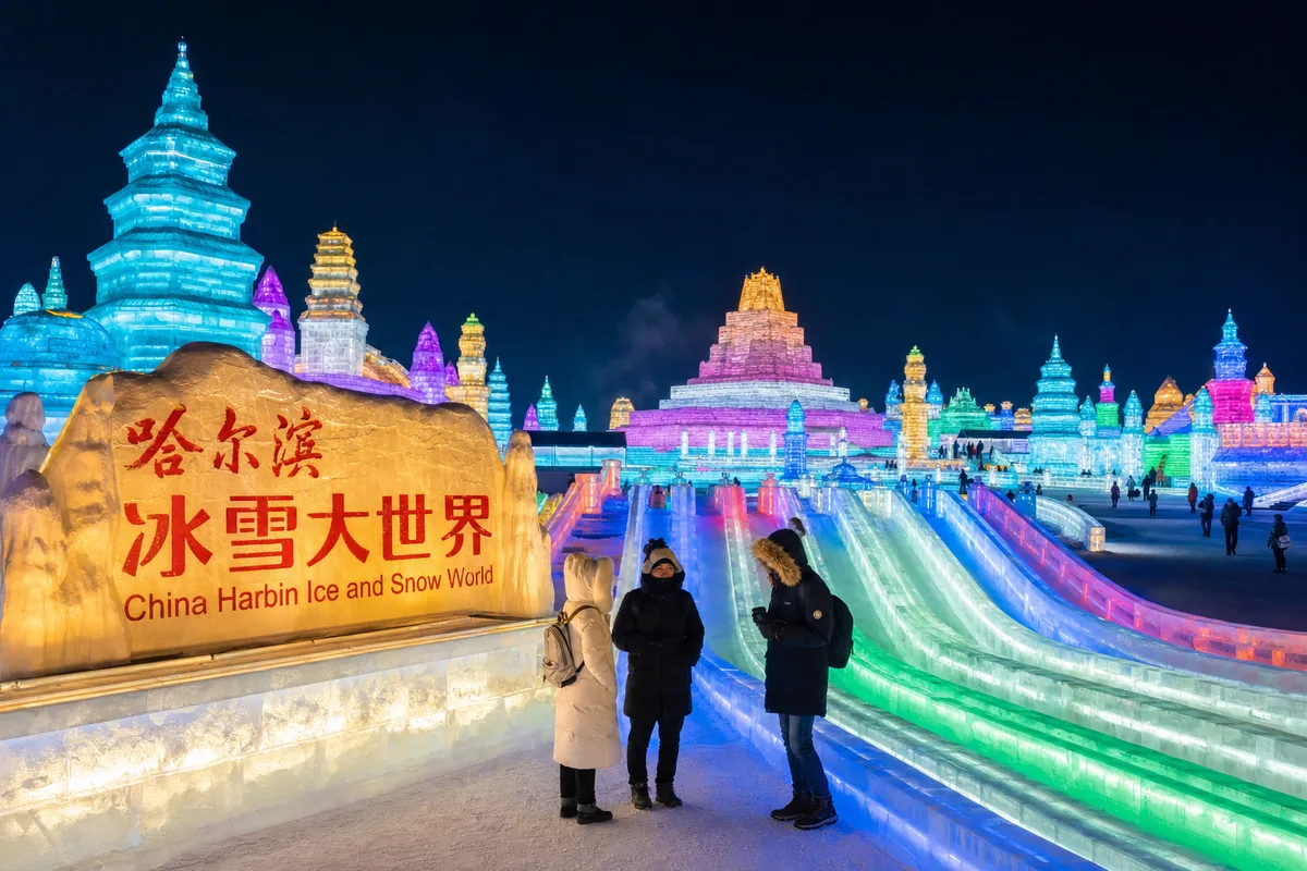 Visitors in heavy winter coats walking among illuminated ice buildings at the Harbin Ice and Snow Festival at night