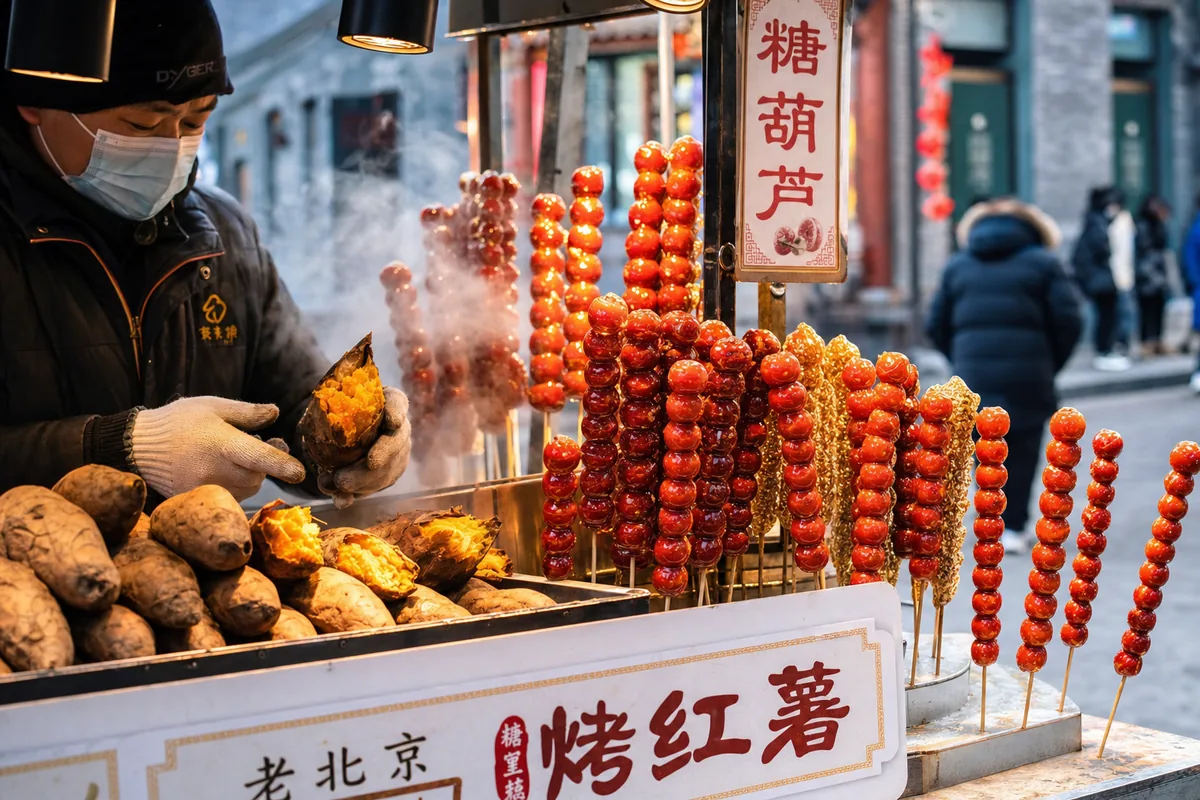 Steaming roasted sweet potatoes and candied hawthorn sticks at a winter street food stall in China