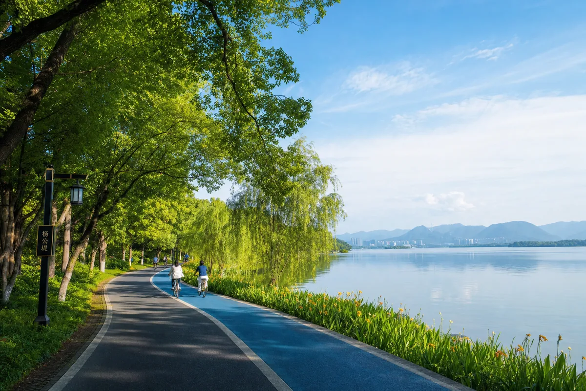 Car-free greenway path along East Lake in Wuhan with trees and open water