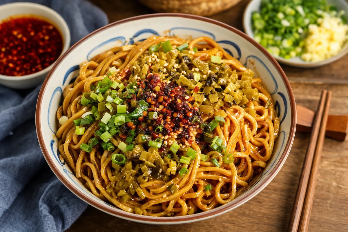 Bowl of Wuhan hot dry noodles with sesame paste, pickles and chili oil