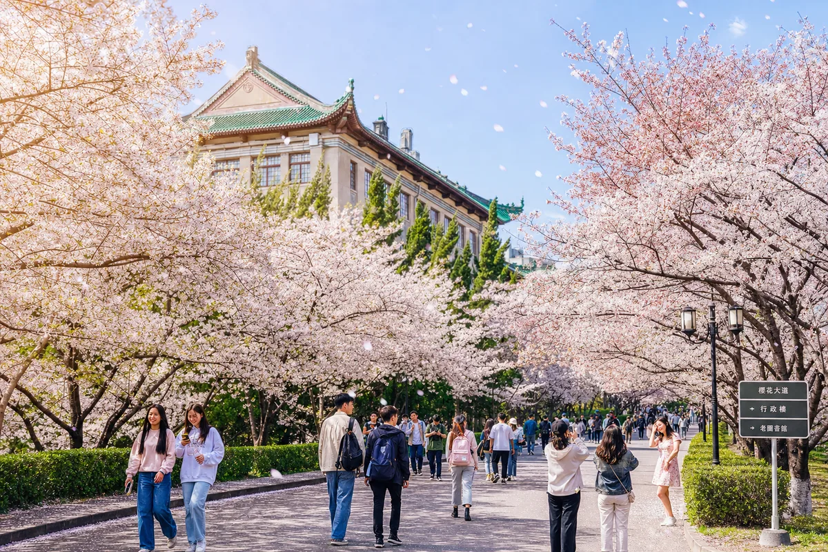 Cherry blossoms in bloom along Wuhan University avenue with old green-roofed buildings