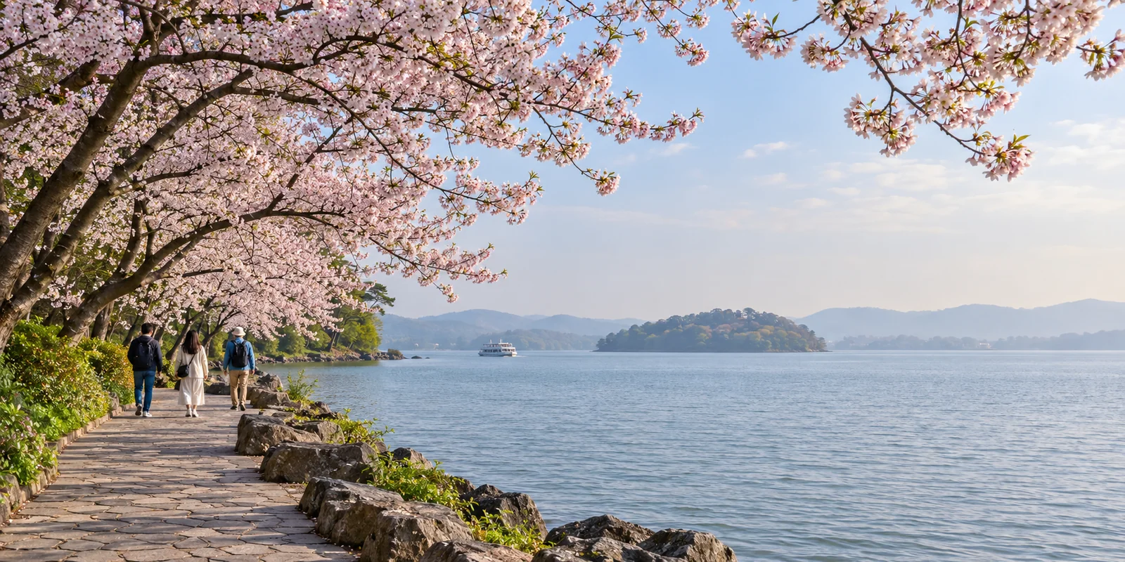 Cherry trees in full bloom along the Lake Tai shore at Yuantouzhu in Wuxi, with the open lake and a small island beyond