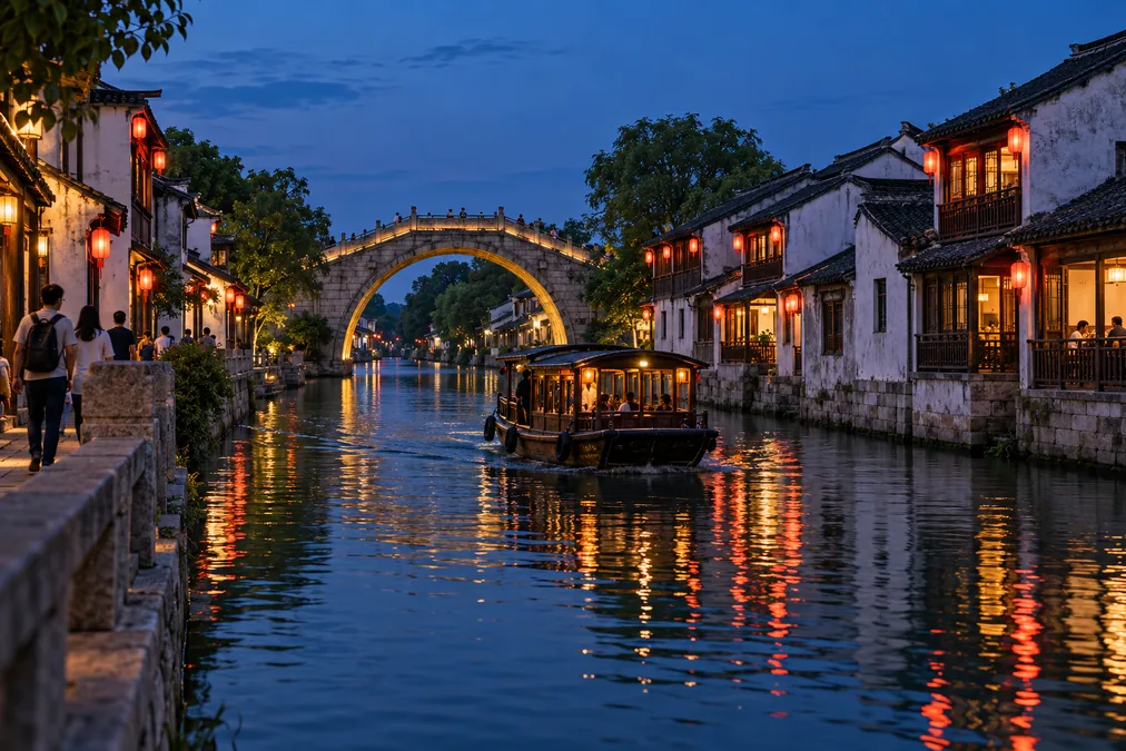 Qingming Bridge over the Grand Canal at dusk, with old canal-side houses and lanterns reflected in the water