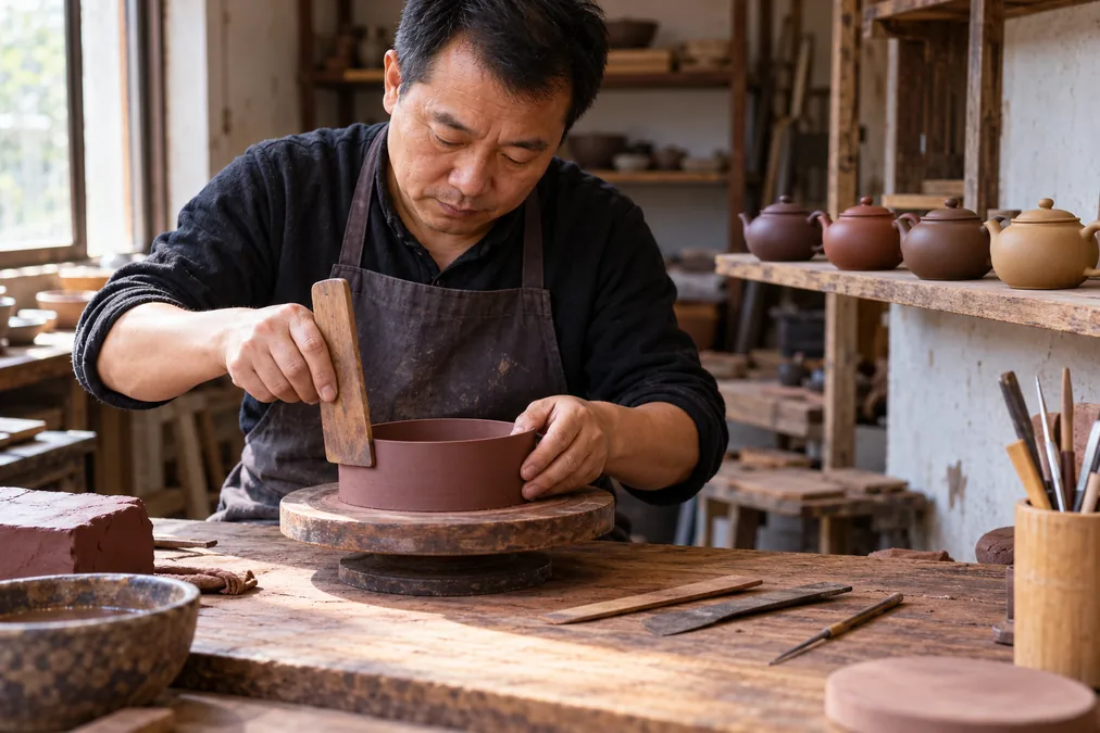 A potter shaping a zisha clay teapot at a workbench in Dingshu, Yixing, with finished purple-clay teapots beside him