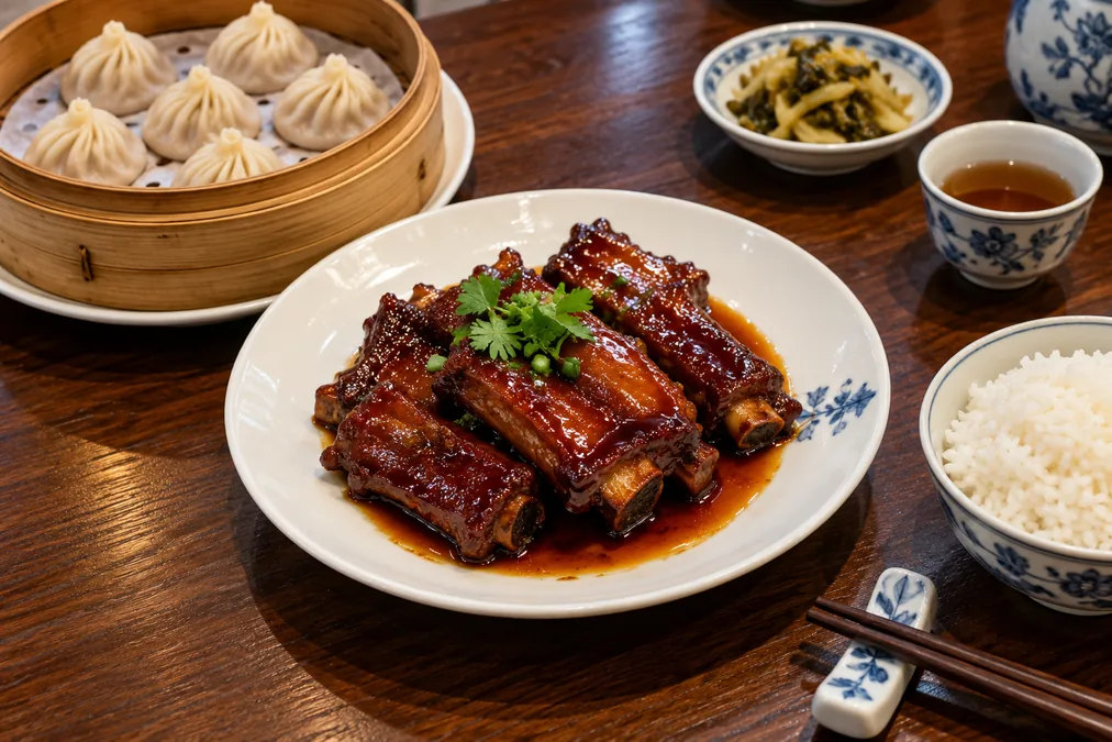 A plate of glossy Wuxi sauced spare ribs on a restaurant table, with a basket of xiaolongbao beside it