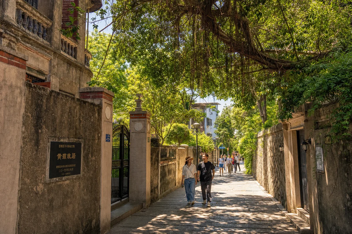 Car-free lane on Gulangyu Island lined with old villas and banyan trees