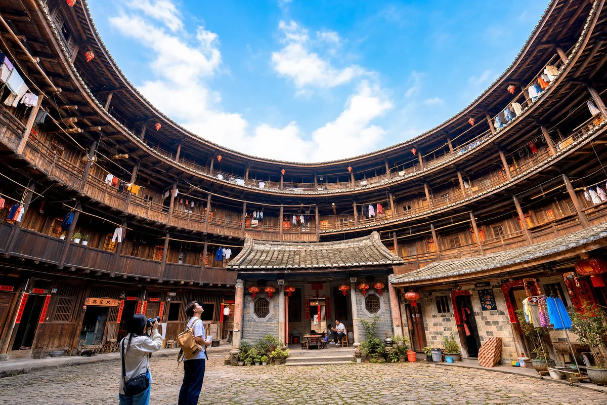 Interior of a circular Fujian tulou earth building with wooden balconies around a courtyard