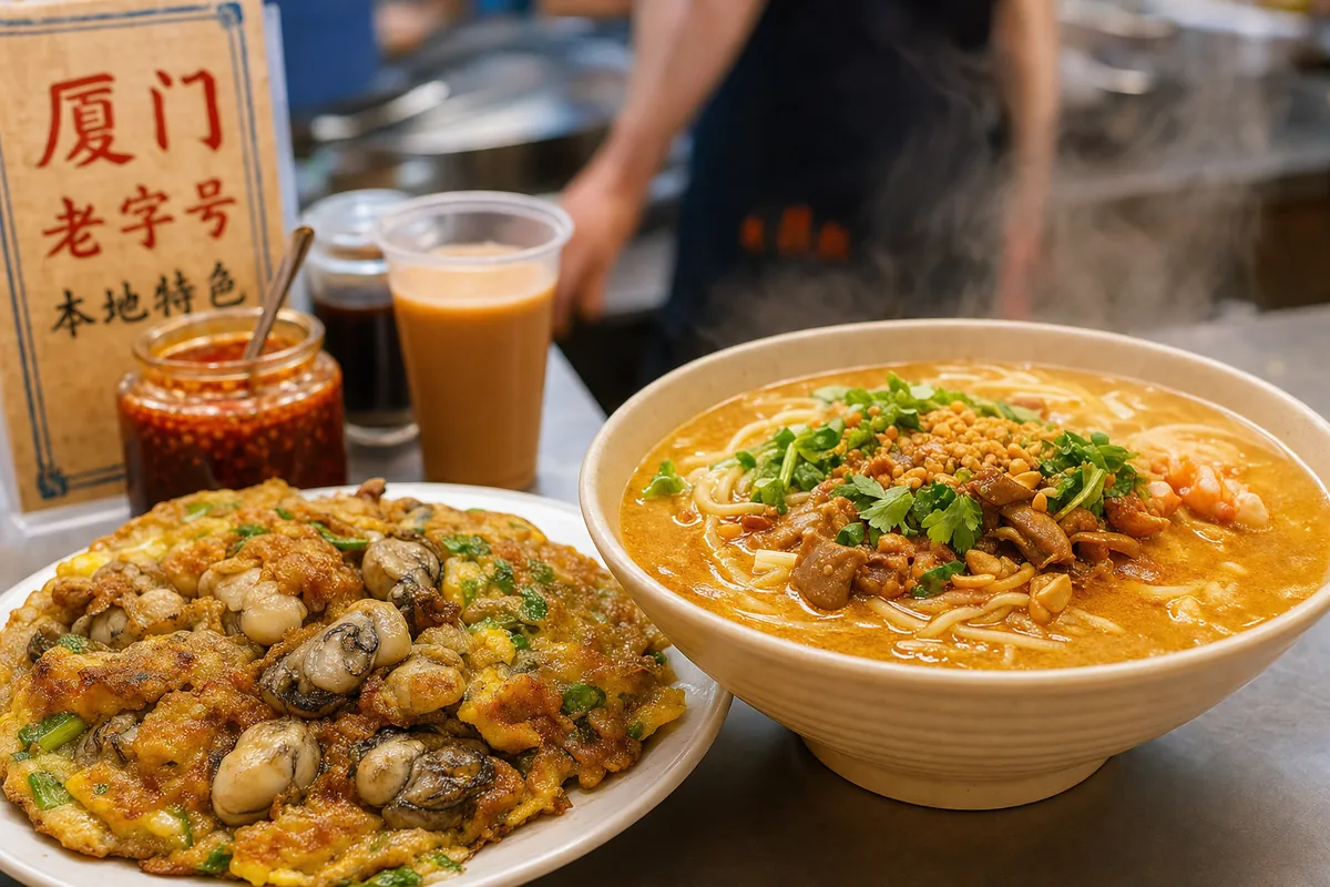 Xiamen street food including oyster omelette and satay noodles