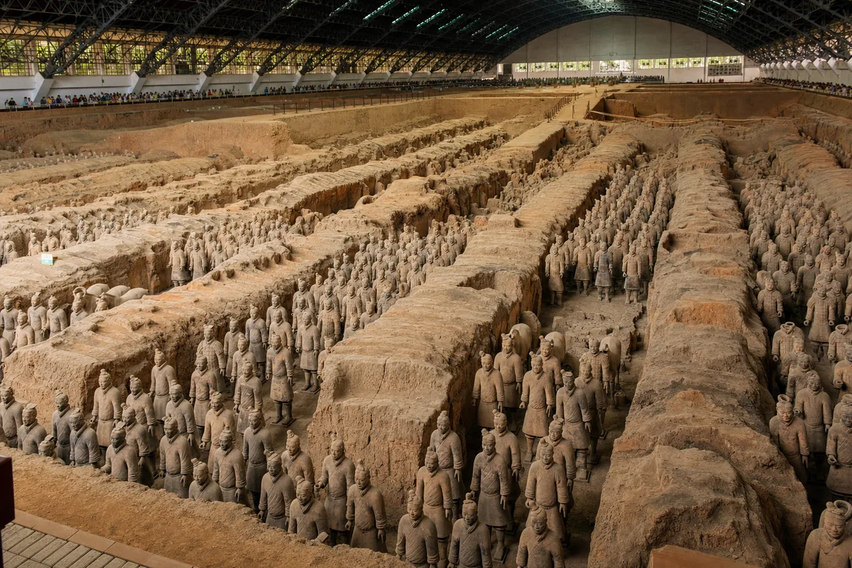 Rows of life-size Terracotta Army warriors standing in Pit 1 at the Terracotta Warriors site in Xi'an
